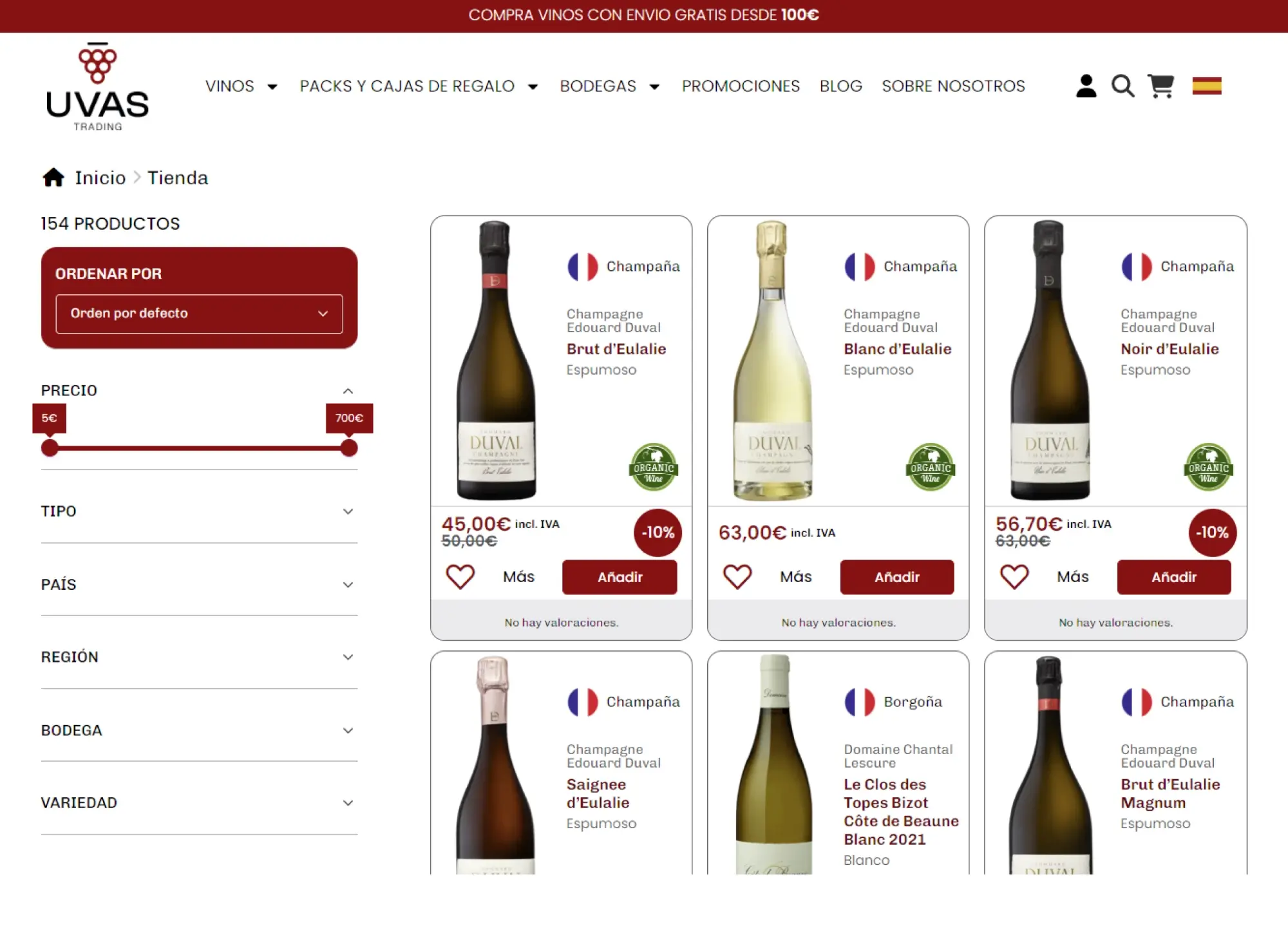 Sitio web de comercio electrónico de UVAS Trading